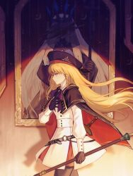 2girls artoria_caster_(fate) artoria_pendragon_(fate) black_gloves blonde_hair crown fate/grand_order fate_(series) gloves green_eyes hair_between_eyes hat highres long_hair morgan_le_fay_(fate) morgan_le_fay_(queen_of_winter)_(fate) multiple_girls polearm portrait sakuranull spear staff_of_selection_(fate) veil very_long_hair weapon