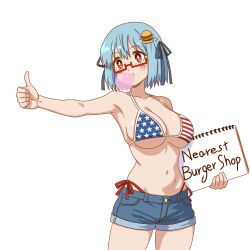 1girl american_flag_bikini american_flag_print bikini blue_hair breasts chewing_gum cleavage denim denim_shorts english_text flag_print flag_print_bikini glasses hamburger-chan_(hundredburger) highres large_breasts mouth_hold navel print_bikini red_eyes short_hair shorts side-tie_bikini_bottom sideboob solo swimsuit thong_bikini thumbs_up whale_tail_(clothing)