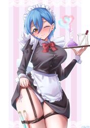 1girl ;) absurdres alternate_costume apron beaker black_dress blush bow bowtie closed_mouth clothes_lift collared_dress commentary cowboy_shot dress dress_lift dropper enmaided erlenmeyer_flask flask frilled_apron frills gluteal_fold hair_between_eyes highres holding holding_tray holster lace_background letterboxed lifting_own_clothes long_sleeves looking_at_viewer love_live! love_live!_superstar!! maid one_eye_closed outside_border panties pink_background red_bow red_bowtie rikka006 short_dress skindentation smile smoke_heart solo string_panties striped_background test_tube test_tube_holster thigh_holster tray underwear vertical-striped_background waist_apron wakana_shiki white_apron white_panties