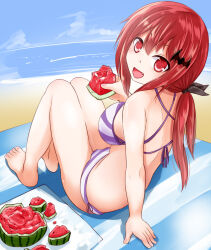 Rule 34 | 1girl, :d, absurdres, alternate costume, arm at side, arm support, back, barefoot, bat hair ornament, beach, bikini, black bow, blue sky, bow, breasts, commentary request, criss-cross halter, curvy, day, eyelashes, fang, feet, food, from side, fruit, full body, gabriel dropout, hair between eyes, hair bow, hair ornament, halterneck, hand up, happy, highres, holding, holding food, izuminomitsuba, knees up, large breasts, leaning back, light blush, long hair, looking at viewer, looking back, low twintails, ocean, open mouth, outdoors, purple bikini, red eyes, red hair, satanichia kurumizawa mcdowell, sitting, sky, smile, solo, striped bikini, striped clothes, swimsuit, toenails, toes, twintails, watermelon, watermelon slice