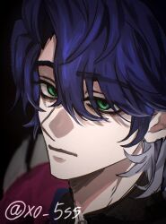1boy :| black_background blue_hair closed_mouth commentary_request curtained_hair expressionless green_eyes hair_behind_ear hair_between_eyes highres honkai:_star_rail honkai_(series) male_focus parted_hair portrait sampo_koski short_hair simple_background solo twitter_username xo_5ss