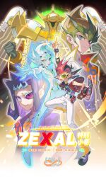 4boys absurdres astral_(yu-gi-oh!) black_hair blonde_hair duel_disk gloves green_hair highres jewelry kamishiro_ryouga kuroyishi_raiko multicolored_hair multiple_boys necklace number_39_utopia pants purple_hair purple_shirt red_hair red_vest shirt single_glove smile tenjou_kaito tsukumo_yuma vest white_pants wings yellow_eyes yu-gi-oh! yu-gi-oh!_zexal