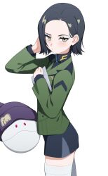 Rule 34 | black hair, black skirt, blue eyeshadow, comoli harcourt, eyeshadow, green jacket, haro, highres, jacket, makeup, mole, mole under eye, skirt, thighhighs, zeon