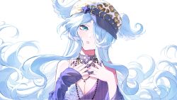 1girl aqua_eyes bare_shoulders bead_necklace beads blue_hair breasts cleavage cross-shaped_pupils elira_pendora fake_nails floating_hair hair_over_one_eye hat head_tilt head_wings highres jewelry light_blush linalina_h long_hair looking_at_viewer necklace nijisanji nijisanji_en off_shoulder parted_lips simple_background single_sleeve_past_wrist solo symbol-shaped_pupils very_long_hair virtual_youtuber white_background wings