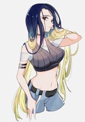 Rule 34 | 1girl, alternate hair length, alternate hairstyle, armband, bare shoulders, belt, black armband, black choker, blue hair, breasts, brown eyes, choker, cocoa s3, collarbone, commentary request, crop top, denim, gradient hair, grey shirt, grey sports bra, highres, long hair, loose hair strand, midriff, multicolored hair, navel, nintendo, off-shoulder shirt, off shoulder, pants, perrin (pokemon), pokemon, pokemon sv, ribbed shirt, shirt, simple background, sleeveless, sleeveless shirt, sports bra, undershirt, v-neck, very long hair, white background, white nails