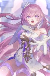 1girl absurdres bare_shoulders black_shorts breasts commentary corset diamond-shaped_pupils diamond_(shape) duoyun_de_tiankong elf elysia_(herrscher_of_human:_ego)_(honkai_impact) elysia_(honkai_impact) gloves hair_ornament highres honkai_(series) honkai_impact_3rd long_hair looking_at_viewer medium_breasts micro_shorts open_mouth pink_hair pink_sky pointy_ears purple_eyes reaching reaching_towards_viewer shorts sky solo symbol-shaped_pupils teeth thighs triquetra upper_teeth_only very_long_hair white_corset white_gloves