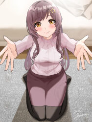 1girl black_pantyhose blush breasts brown_hair closed_mouth hair_between_eyes highres janome_yuiwa kneeling large_breasts long_hair long_sleeves looking_at_viewer original outstretched_arms pantyhose pencil_skirt purple_skirt purple_sweater shirt sidelocks skirt smile solo sweater yellow_eyes