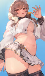 1girl absurdres apron beret blue_sky blush bready_(nikke) breasts brown_eyes brown_hair brown_thighhighs candy commentary food goddess_of_victory:_nikke hat highres holding holding_candy holding_food holding_lollipop huge_breasts lollipop long_hair school_uniform serafuku skindentation skirt sky solo thighhighs thighs tongue tongue_out ubo_(ubo_tales) white_apron white_hat white_nails white_serafuku white_skirt