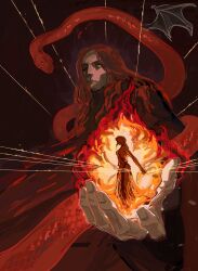 1boy 1girl absurdres armlet bracelet braid breasts circlet commentary dress elden_ring elden_ring:_shadow_of_the_erdtree english_commentary fire from_side gold_bracelet gold_circlet highres jewelry long_hair messmer_the_impaler metal_belt one-eyed queen_marika_the_eternal red_snake sideboob sleeveless sleeveless_dress snake snake_wrapped_around_body standing thread tristanbrardart wings yellow_eyes