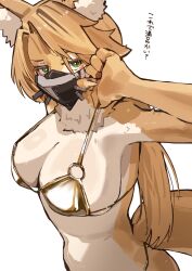 1girl animal_ear_fluff animal_ears bikini black_mask blonde_hair body_fur cat_ears cat_girl cat_tail furry furry_female gold_bikini green_eyes highres looking_at_viewer mask mouth_mask ponytail pulchra_fellini shiriko swimsuit tail yellow_fur zenless_zone_zero