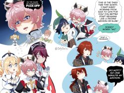 2girls 4boys albert_(genshin_impact) barbara_(genshin_impact) beret black_gloves black_hair blonde_hair blue_eyes braid cape closed_eyes closed_mouth cowboy_shot dahlia_(genshin_impact) diluc_(genshin_impact) english_text flower genshin_impact gloves hair_flower hair_ornament hair_over_one_eye hat highres julydelic long_hair looking_at_viewer multiple_boys multiple_girls nun open_mouth own_hands_clasped own_hands_together pink_hair red_hair rosaria_(genshin_impact) simple_background speech_bubble sweat twin_braids twintails venti_(genshin_impact) white_background white_gloves