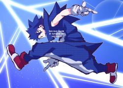 1boy blue_eyes blue_hair blue_theme bonesaw_(rdkshinku) finger_gun full_body gloves grin humanization jumping looking_at_viewer male_focus pants rdk red_footwear sleeveless smile solo sonic_(series) sonic_adventure sonic_the_hedgehog spiked_hair white_gloves