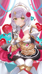 Rule 34 | 1girl, absurdres, armor, armored gloves, armored legwear, balloon, black dress, blush, braid, breasts, cleavage, closed mouth, dress, feet out of frame, flower, food, fork, genshin impact, hair ornament, heart balloon, highres, holding, holding fork, holding plate, knees together feet apart, large breasts, long sleeves, looking at viewer, maid, maid headdress, noelle (genshin impact), pancake, plate, red flower, red rose, rose, shield hair ornament, short hair, shoulder armor, sitting, smile, solo, tsuchinoko (vjde8458)