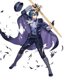 Rule 34 | 1boy, black cape, black gloves, cape, clenched teeth, dagger, damaged, fire emblem, fire emblem heroes, garreg mach monastery uniform, gloves, half gloves, hat, highres, holding, holding sword, holding weapon, knife, male byleth (anchor of hope) (fire emblem), male byleth (fire emblem), nintendo, non-web source, official alternate costume, official art, peaked cap, solo, sword, sword of the creator, teeth, torn cape, torn clothes, unworn hat, unworn headwear, weapon