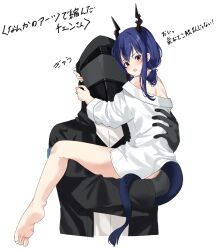 Rule 34 | 1boy, 1girl, :o, arknights, bare legs, bare shoulders, blue hair, blush, butt crack, carrying, carrying person, ch&#039;en (arknights), doctor (arknights), dragon girl, dragon horns, dragon tail, full body, hair between eyes, highres, horns, hug, lily0428, long hair, looking at viewer, looking back, no panties, off shoulder, open mouth, red eyes, shirt, tail, teeth, translation request, upper body, upper teeth only, white shirt