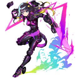 1girl black_bodysuit black_hair blonde_hair blue_eyes bodysuit boots breasts claw_(weapon) colored_inner_hair frown full_body game_cg girls&#039;_frontline girls&#039;_frontline_neural_cloud gloves highres knee_pads leg_up long_hair looking_at_viewer medium_breasts multicolored_bodysuit multicolored_hair nascita_(neural_cloud) official_art onono_imoko purple_bodysuit purple_hair solo straight_hair third-party_source transparent_background weapon zipper