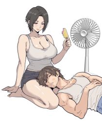 1boy 1girl black_hair black_shorts breasts brown_hair closed_eyes electric_fan final_fantasy final_fantasy_xiv grey_tank_top hyur jamjamstyle large_breasts light_smile lipstick_mark lipstick_mark_on_face looking_at_another lying_on_another lying_on_lap melting_popsicle muscular muscular_male saliva shiny_skin shorts tank_top warrior_of_light_(ff14) white_background zero_(ff14)