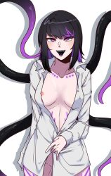 1girl absurdres akasukiane04 alien black_hair blush body_markings breasts collared_shirt commission commissioner_upload fangs highres leg_tattoo looking_at_viewer medium_breasts monster_girl multicolored_hair multicolored_tongue nipples non-web_source open_clothes open_shirt original purple_eyes purple_hair sharp_teeth shirt shoko_the_alien smile solo stomach_tattoo tattoo teeth tentacles thighs tongue white_background white_shirt