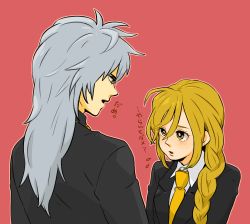 1boy 1girl blonde_hair breasts commentary_request dramatica eyeshield_21 formal_clothes koizumi_karin long_hair simple_background suit
