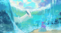 air_bubble alternate_color black_eyes bubble cloud commentary_request creatures_(company) day game_freak gen_1_pokemon gen_2_pokemon lapras legendary_pokemon looking_at_another lugia nintendo no_humans open_mouth outdoors pokemon pokemon_(creature) rock sagemaru-br shiny_pokemon signature sky smile tongue water