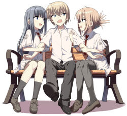1boy 2girls :d absurdres aqua_eyes arm_hug bench black_footwear black_pants black_socks blue_eyes blunt_bangs blush brown_footwear brown_hair capelet cevi79604876054 collared_shirt commentary eyes_visible_through_hair fang folded_ponytail frown full_body girl_sandwich hair_between_eyes hetero highres kneehighs loafers long_hair looking_at_another mamiya_takuji medium_hair miniskirt multiple_girls necktie on_bench open_mouth pants pantyhose park_bench pleated_skirt red_necktie sandwiched school_uniform shirt shoes short_hair short_sleeves sidelocks simple_background sitting skin_fang skirt smile smug socks subarashiki_hibi tachibana_kimika takashima_zakuro tsurime v-shaped_eyebrows white_background white_capelet white_pantyhose white_shirt white_skirt