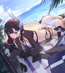 Rule 34 | 1girl, absurdres, adapted costume, alternate costume, ass, asymmetrical gloves, beach towel, bikini, black bikini, black gloves, black hair, black shrug, blue eyes, blue sky, breasts, cleavage, commentary request, day, earrings, gloves, hair ornament, hand up, highres, honkai: star rail, honkai (series), hysilens (honkai: star rail), jewelry, long hair, looking at viewer, lying, median furrow, medium breasts, mismatched bikini, mismatched gloves, ocean, on stomach, outdoors, parted lips, partial commentary, red gloves, sasa (sasa ekakiman), scales, shore, shrug (clothing), sky, solo, swimsuit, towel, white background