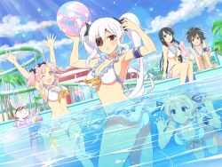 5girls :o ;d animal armband arms_up ass asuka_(senran_kagura) ball beach_umbrella beachball bikini black_hair black_ribbon blonde_hair blue_armband blue_eyes blue_ribbon blush breasts brown_eyes cleavage cloud cloudy_sky day english_text eyepatch frilled_bikini frills grin hair_ornament hair_ribbon hibari_(senran_kagura) highres holding holding_ball ikaruga_(senran_kagura) innertube katsuragi_(senran_kagura) kneeling large_breasts long_hair looking_at_viewer multiple_girls navel ninto_(senran_kagura) official_art one_eye_closed open_mouth outdoors palm_tree partially_underwater_shot pink_hair ponytail pool poolside rabbit red_eyes red_scarf ribbon scarf senran_kagura senran_kagura_new_link short_hair short_twintails shuriken sky smile squid_print sunglasses sunglasses_on_head sunlight surprised swim_ring swimsuit symbol-shaped_pupils towel tree twintails umbrella underwater wading water_slide weapon white_bikini white_hair white_ribbon yaegashi_nan yagyu_(senran_kagura) yellow_ribbon