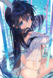 1girl animal_ears ass bad_id bad_twitter_id black_hair blue_eyes breasts bubble commentary_request fake_animal_ears female_focus from_behind genderswap genderswap_(mtf) hair_between_eyes hair_ribbon highres houshin_engi long_hair looking_at_viewer mimoza_(96mimo414) no_pants panties parted_lips rabbit_ears reflection ribbon see-through_clothes shirt side-tie_panties sitting small_breasts solo taikoubou underwear very_long_hair water wet wet_clothes white_panties white_shirt