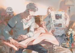 1boy 1girl adam&#039;s_apple bandaid black_shorts blonde_hair closed_mouth couch endofthepage highres holding holding_another&#039;s_leg holding_newspaper jewelry looking_at_another love_and_deepspace nail_clippers necklace newspaper no_shoes nose on_couch protagonist_(love_and_deepspace) ring shirt short_hair shorts sitting sylus_(love_and_deepspace) toy white_hair white_shirt white_sleeves yellow_eyes