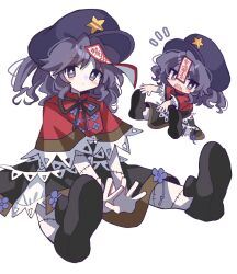 Rule 34 | 1girl, black ribbon, black shoes, black skirt, chibi, chinese clothes, closed mouth, colored skin, commentary request, full body, furiba 794, grey skin, hat, hat ornament, highres, jiangshi, lace-trimmed sleeves, lace trim, looking at viewer, medium hair, miyako yoshika, neck ribbon, newsboy cap, notice lines, ofuda, open mouth, outstretched arms, purple eyes, purple hair, purple hat, red shirt, ribbon, sharp teeth, shirt, shoes, short sleeves, simple background, sitting, skirt, star (symbol), star hat ornament, stitches, tangzhuang, teeth, touhou, white background, zombie pose