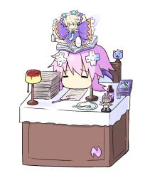 2girls blonde_hair book chair commentary_request d-pad d-pad_hair_ornament desk dogoo doria_(p_f_dolia) food hair_ornament histoire lamp leaning_on_table multiple_girls nepgyaa neptune_(neptunia) neptune_(series) outstretched_arms paper pen plate pudding purple_hair simple_background sitting sitting_on_head sitting_on_person spoon spread_legs white_background