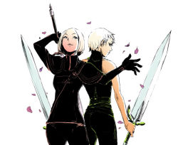 2girls bad_id bad_pixiv_id bare_shoulders blonde_hair claymore_(series) deneve dual_wielding helen holding leather multiple_girls petals short_hair sketch skin_tight smile tagme