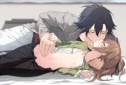 1boy 1girl black_hair blurry blush breasts brown_hair closed_eyes couple depth_of_field eiyuu_densetsu hakuleg heart hetero jacket kiss long_hair lying navel nipples on_side open_clothes open_jacket open_shirt ponytail rean_schwarzer sen_no_kiseki_(series) sen_no_kiseki_i small_breasts towa_herschel