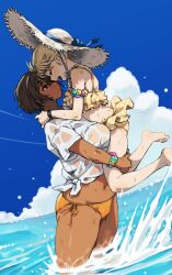 2girls bikini carrying carrying_person hat height_difference highres kei_(m_k) lifting_person m_k multiple_girls ocean original rika_(m_k) shirt sun_hat swimsuit t-shirt tall_female tomboy wet wet_clothes wet_shirt yuri