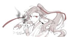1boy absurdres ahoge black_smoke chinese_clothes closed_mouth floating_hair gymnasium119 hair_ribbon hand_up hanfu highres holding kuji-in long_hair long_sleeves looking_at_viewer male_focus modao_zushi monochrome ponytail red_eyes red_ribbon ribbon robe sidelocks simple_background sleeves_past_wrists smile smoke solo spot_color twitter_username upper_body wei_wuxian white_background