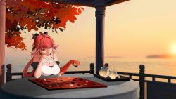 1girl absurdres bare_shoulders black_bow blurry blurry_background board_game bow braid breasts changli_(wuthering_waves) cleavage closed_mouth colored_extremities commentary gazebo go_(board_game) hair_bow hair_extensions hair_ornament hazeillusts head_rest highres holding large_breasts long_hair looking_at_object multicolored_hair orange_eyes outdoors pink_hair red_hands ring_hair_extensions smile solo streaked_hair sunset twin_braids water wuthering_waves