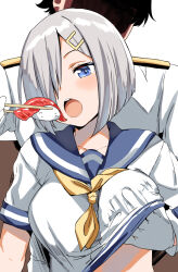 Rule 34 | 1boy, 1girl, admiral (kancolle), belko, blue eyes, blue sailor collar, blush, breasts, chopsticks, commentary, faceless, faceless male, feeding, food, gloves, grabbing another&#039;s breast, grabbing from behind, groping, hair ornament, hair over one eye, hamakaze (kancolle), hand under clothes, hetero, highres, holding, holding chopsticks, kantai collection, large breasts, long sleeves, neckerchief, open mouth, sailor collar, school uniform, serafuku, shaded face, short hair, short sleeves, solo focus, sushi, symbol-only commentary, teeth, upper body, upper teeth only, white gloves, yellow neckerchief
