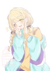 1girl black_ribbon blonde_hair blush braid commentary fang fujita_kotone gakuen_idolmaster hair_ribbon highres ichigomilk_610 idolmaster jacket long_hair looking_at_viewer multicolored_jacket notice_lines open_clothes open_jacket ribbon shirt simple_background skin_fang smile solo twin_braids w watermark white_background yellow_eyes yellow_shirt