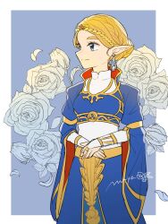 1girl blonde_hair blue_background blue_dress blue_eyes border bridal_gauntlets closed_mouth commentary_request cowboy_shot dress earrings floral_background flower gold_trim highres jewelry looking_to_the_side maya_(mayamayammy) nintendo outside_border own_hands_together pointy_ears princess princess_zelda rose signature smile solo the_legend_of_zelda the_legend_of_zelda:_breath_of_the_wild tiara white_border