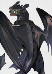 1boy artist_name black_scales commentary dragon dragon_tail dragon_wings english_commentary from_behind how_to_train_your_dragon_(series) kadeart looking_at_viewer looking_back male_focus no_teeth open_mouth smile tail toothless wings