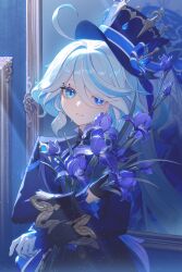 Rule 34 | 1girl, ahoge, asymmetrical gloves, black gloves, blue bow, blue eyes, blue flower, blue hair, blue hat, blue jacket, bow, drop-shaped pupils, flower, furina (genshin impact), genshin impact, gloves, hair between eyes, hashtag-only commentary, hat, hat bow, heterochromia, highres, holding, holding flower, jacket, light rays, long hair, long sleeves, looking at viewer, mirror, mismatched gloves, mismatched pupils, multicolored hair, parted lips, reflection, rj (lingshih10), solo, streaked hair, symbol-shaped pupils, top hat, upper body, white gloves, white hair
