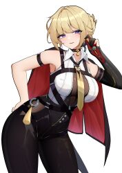1girl absurdres aemilo arm_strap bare_shoulders black_capelet black_choker black_gloves black_pants black_shirt blonde_hair bodystocking braid braided_bun breasts capelet chest_harness choker collared_shirt commentary contrapposto cowboy_shot dated_commentary elbow_gloves evelyn_chevalier gloves hair_bun hand_on_own_hip hand_up harness high-waist_pants highres large_breasts looking_at_viewer lower_teeth_only mole mole_under_eye necktie pants parted_lips partially_fingerless_gloves partially_unzipped pendant_choker purple_eyes raised_eyebrows red_capelet red_gloves ring_hair_ornament shirt short_hair simple_background single_elbow_glove single_hair_bun sleeveless sleeveless_shirt smile solo standing symbol-only_commentary symbol-shaped_pupils tassel teeth tight_clothes tight_pants transparent_background two-sided_capelet two-tone_gloves two-tone_shirt white_shirt yellow_necktie zenless_zone_zero zipper_pull_tab