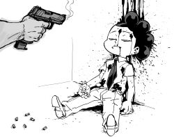 2boys absurdres bb_(baalbuddy) blood blood_on_clothes blood_splatter boku_no_hero_academia collared_shirt death greyscale gun gunshot_wound handgun highres holding holding_gun holding_weapon mineta_minoru monochrome multiple_boys murder necktie pants shirt simple_background smoke smoking_barrel weapon white_background