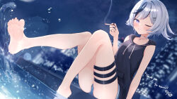 1girl barefoot blue_eyes blush cigarette commission feet grey_hair highres knees_together_feet_apart legs one_eye_closed sese_nagi skeb_commission smoking soaking_feet soles thighs toes vrchat vrchat_(medium) water wet