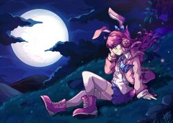 1girl animal_ears blue_skirt boots closed_eyes commentary commission english_commentary full_body full_moon hand_on_own_face headphones hood hoodie huge_moon leaf moon moonlight mountain necktie night night_sky on_grass original outdoors pink_boots pink_hair pink_hoodie rabbit_ears rabbit_tail sandragh sitting skirt sky solo striped_necktie tail thighhighs wavy_hair white_thighhighs