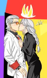 1boy 1girl absurdres blush couple ear_blush earrings glasses heart highres hug jewelry light_blush non-web_source ponytail queen_(to_be_hero_x) shirt smile smug to_be_hero to_be_hero_x white_background white_hair white_shirt x_(to_be_hero_x)