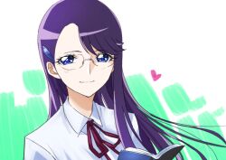 1girl blue_eyes blush book closed_mouth commentary dress_shirt hair_ornament hairclip heart heartcatch_precure! holding holding_book long_hair myoudou_gakuen_high_school_uniform neck_ribbon precure purple_hair red_ribbon ribbon school_uniform shirt solo tsukikage_oyama tsukikage_yuri upper_body white_shirt