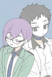 1boy 1girl :| bishounen_series black_eyes black_hair blazer blue_background blue_choker blue_necktie blue_ribbon bright_pupils choker closed_eyes closed_mouth coat collar collarbone collared_shirt crossdressing doujima_mayumi earrings expressionless facing_to_the_side flat_color green_jacket grey_collar highres jacket jewelry kumakuta18 lapels leaning_on_person long_sleeves looking_at_another necktie open_clothes open_coat open_mouth purple_hair ribbon ribbon_choker saliva school_uniform shirt short_bangs short_hair simple_background sketch sleeping slit_pupils star_(symbol) star_earrings straight_hair upper_body very_short_hair white_coat white_pupils white_shirt yubiwa_sousaku