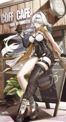 1girl absurdres asymmetrical_gloves bird bird_on_hand black_gloves black_shorts black_thighhighs boots breasts closed_mouth collar colored_shoe_soles commentary_request elbow_gloves fingerless_gloves full_body gloves grey_hair hair_ornament high-waist_shorts highres jacket large_breasts long_hair looking_at_viewer my_neighbor_totoro_yerby partial_commentary revision shirt shorts single_elbow_glove single_thighhigh solo thigh_strap thighhighs thighs uneven_gloves very_long_hair white_boots white_collar white_shirt yellow_jacket yi_xuan_(zenless_zone_zero) zenless_zone_zero