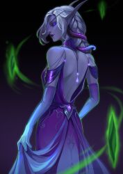 1girl absurdres amionna black_background blue_eyes colored_skin dress elbow_gloves elf farnith_dawnrider from_behind gloves glowing glowing_eyes gradient_background grey_hair grey_skin highres long_hair magic pointy_ears purple_dress purple_gloves purple_lips smile solo tentacle_hair void_elf warcraft white_gloves world_of_warcraft